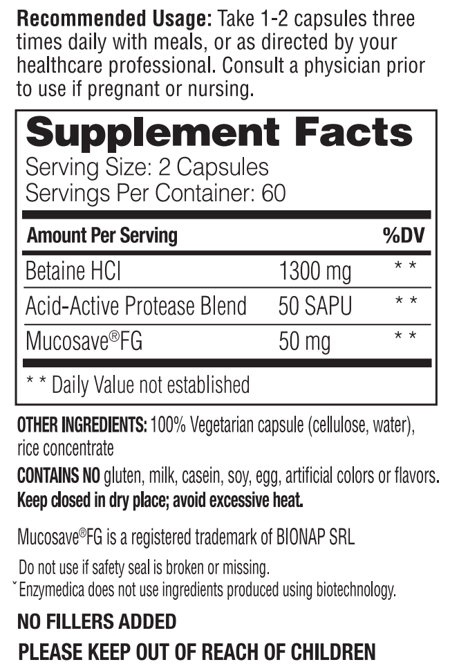 Betaína HCl, 1300 mg (60 caps), Enzymedica