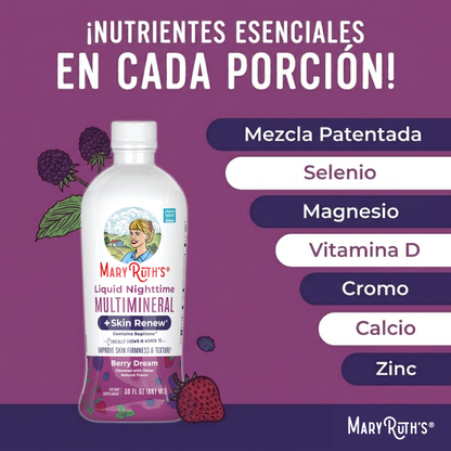 Multimineral Nocturno + Renovacion de Piel Sabor Frutos Rojos, Liquido (30oz/887ml), Mary Ruth´s