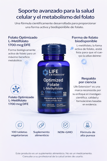 Folato optimizado L-metilfolato 1700 mcg DFE, 100 tabletas vegetarianas / Optimized Folate L-Methylfolate 1700 mcg DFE, 100 vegetarian tablets