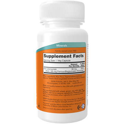 Hierro 36 mg, doble concentración (90 Veg Caps) / Iron 36 mg, Double Strength. Bisglicinato. Sin estreñimiento.
