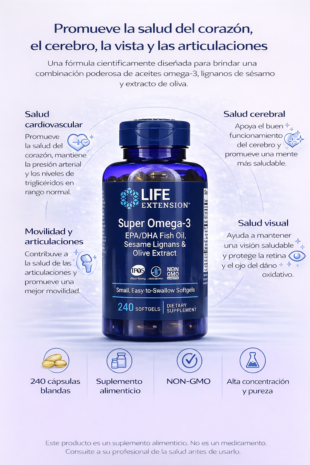 Super Omega-3 EPA/DHA Aceite de Pescado , Lignanos De Sésamo Y Extracto De Oliva (240 softgels), Life Extension