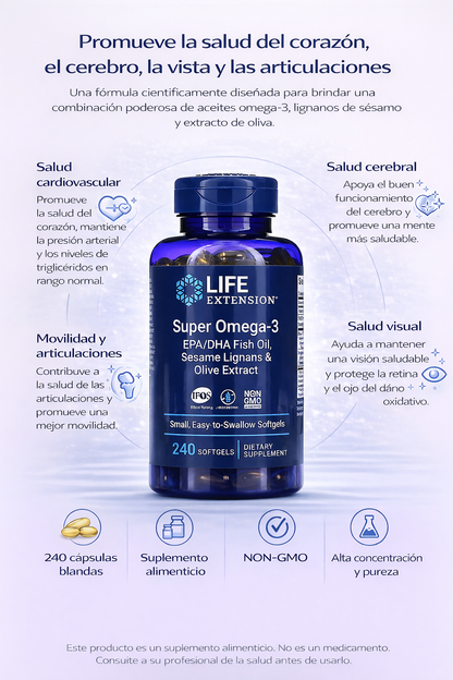 Super Omega-3 EPA/DHA Aceite de Pescado , Lignanos De Sésamo Y Extracto De Oliva (240 softgels), Life Extension
