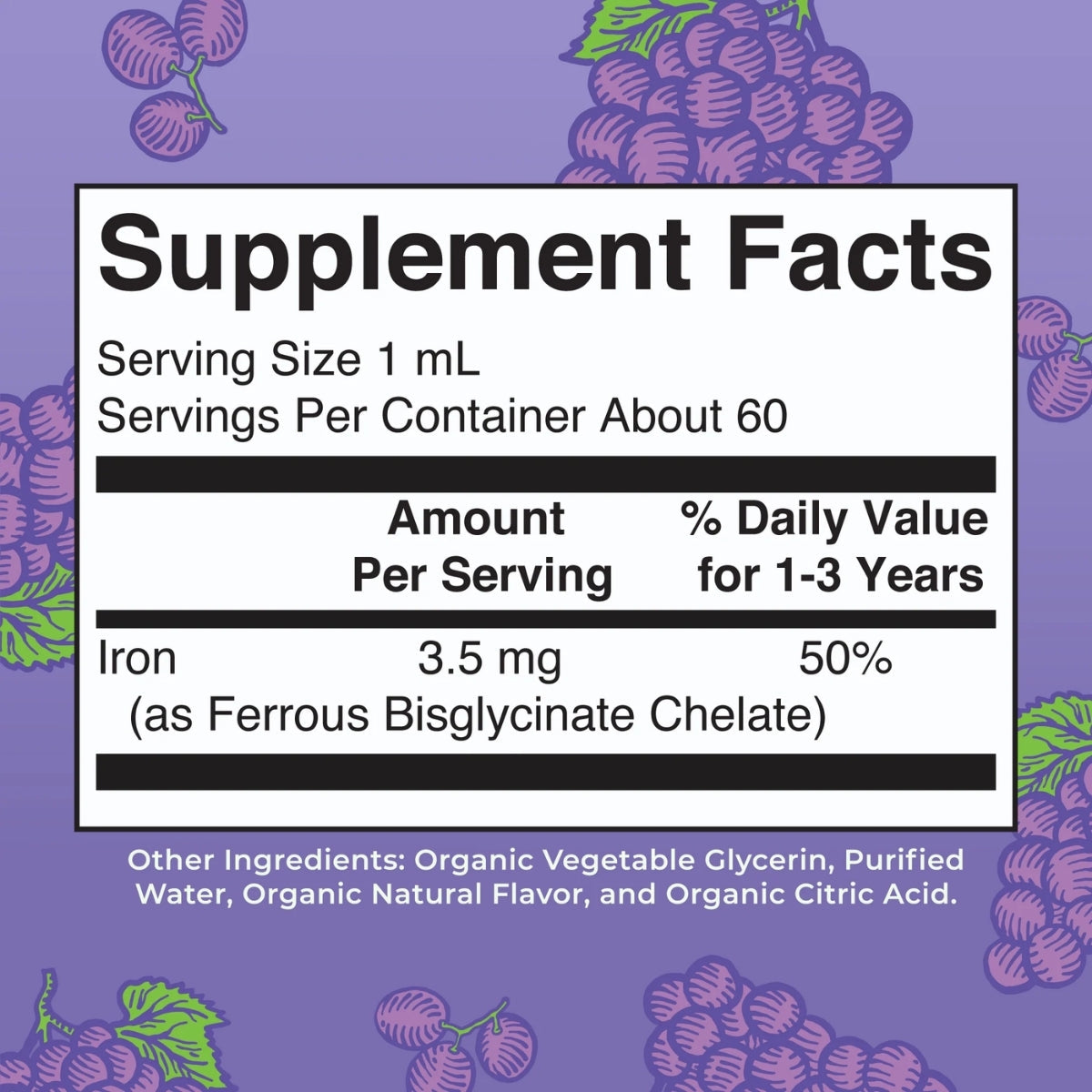 Gotas líquidas orgánicas de hierro para niños pequeños (60ml) / Toddler Iron Drops, Grape, Org, (2oz)