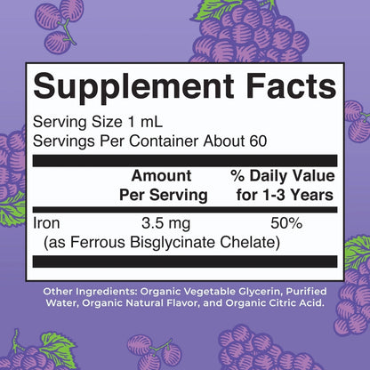 Gotas líquidas orgánicas de hierro para niños pequeños (60ml) / Toddler Iron Drops, Grape, Org, (2oz)