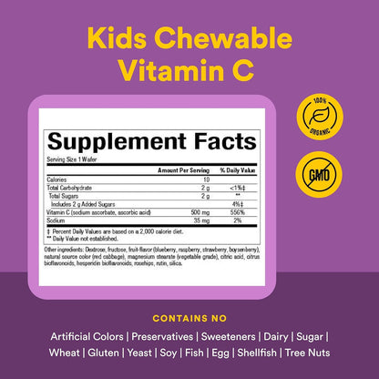 Vitamina C 500 mg Sabor a Fruta Masticable– Mora Azul, Frambuesas & Arándanos 90 tab, Natural Factors