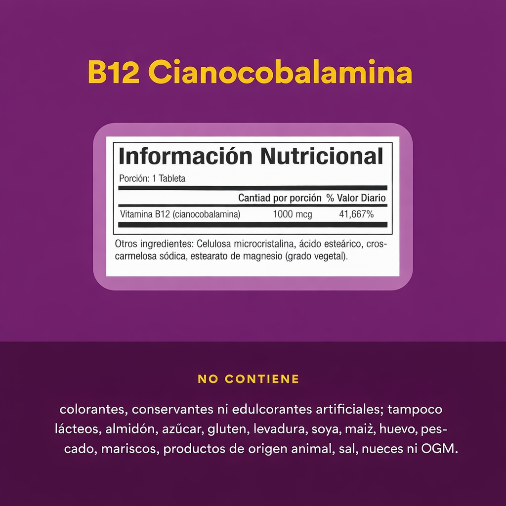 B12 Cianocobalamina 1,000 mcg 60 tab, Natural Factors
