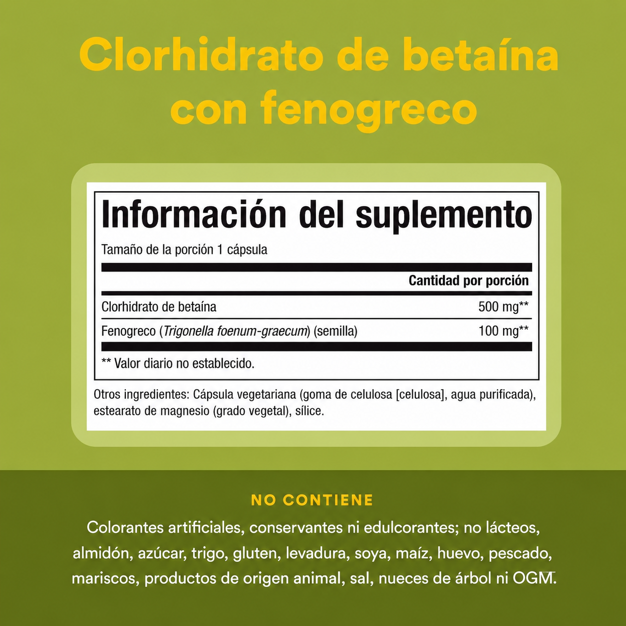 Betaína HCL 500 mg w/ 100 mg Alholva 90 vcap, Natural Factors