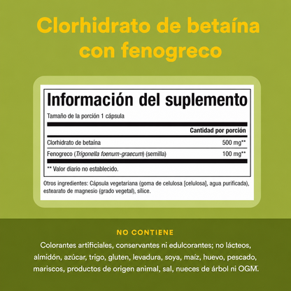 Betaína HCL 500 mg w/ 100 mg Alholva 90 vcap, Natural Factors