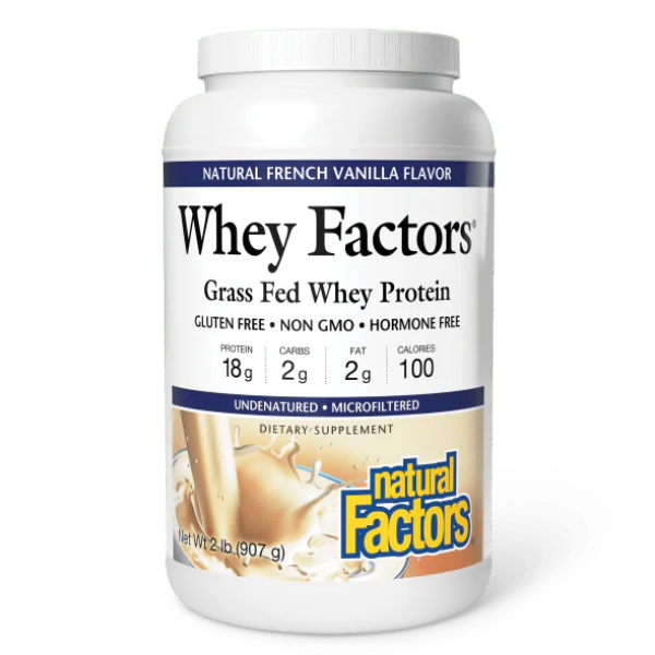 Whey Factors® Proteína en Polvo de Buey Alimentado con Pasto  – Vainilla Francesa 2 lb, Natural Factors