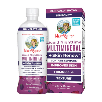Multimineral Nocturno + Renovacion de Piel Sabor Frutos Rojos, Liquido (30oz/887ml), Mary Ruth´s