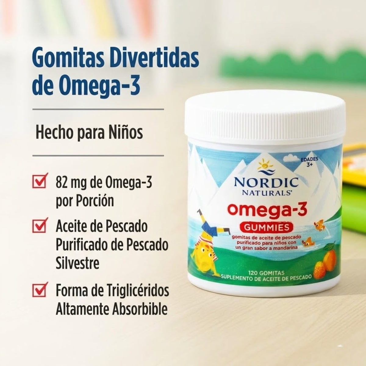 Omega-3 para Niños, 82 mg, Sabor Mandarina (120 Gomitas), Nordic Naturals