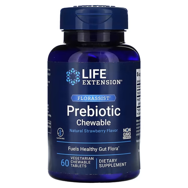 FLORASSIST® Prebiotico Sabor Fresa (60 tab vegs masticables), Life Extension