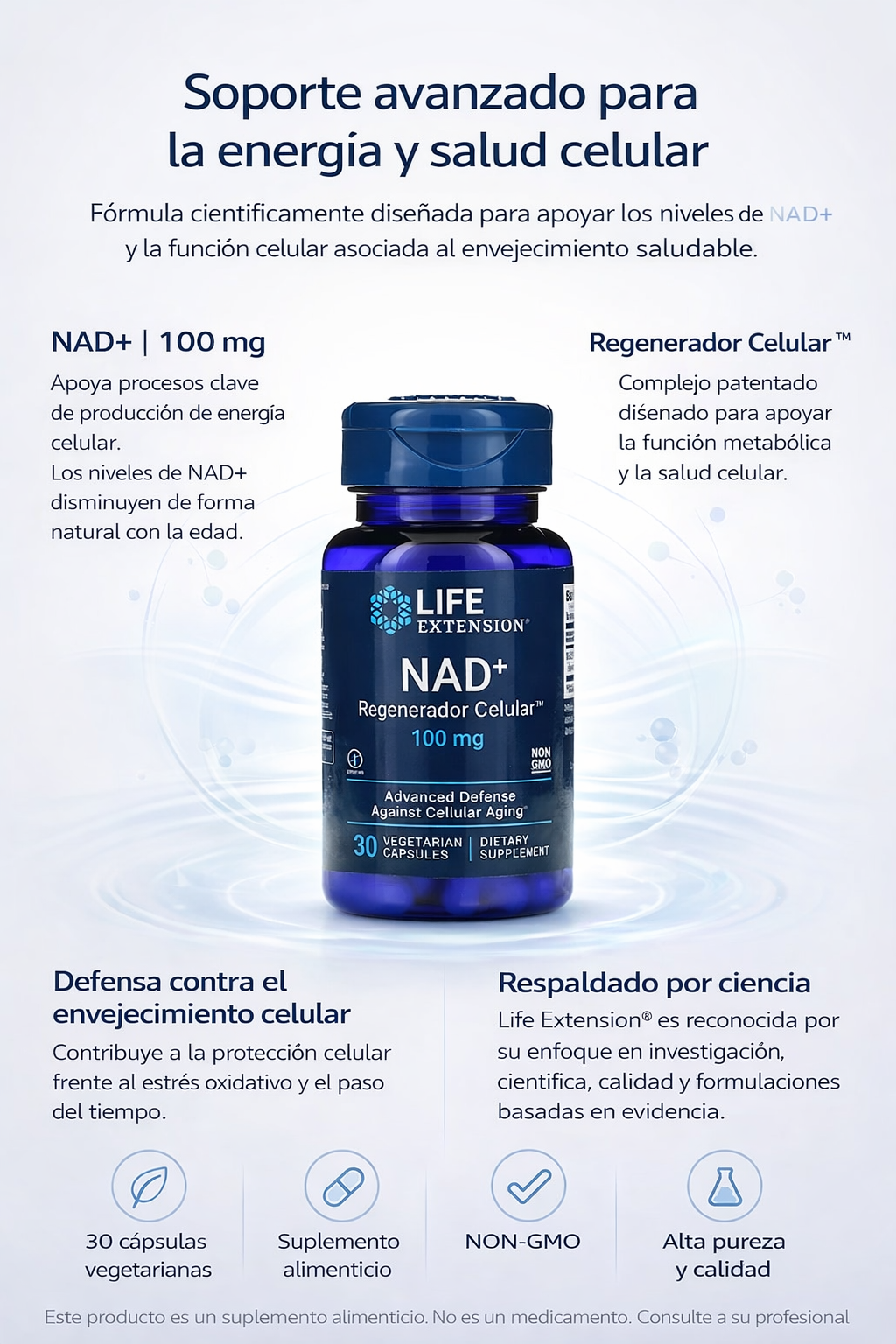 Regenerador celular NAD + 100 mg (30 vcaps) /  NAD+ Cell Regenerator 100 mg (30 vcaps)