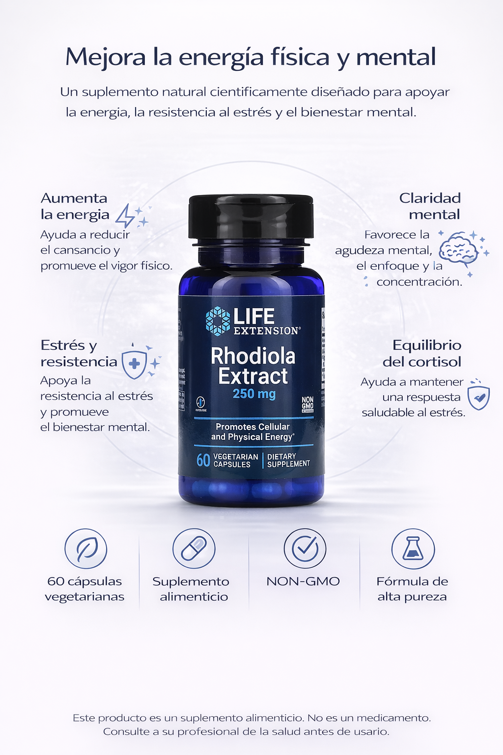 Extracto de rodiola 250 mg (60 vcaps) / Rhodiola Extract 250 mg (60 vcaps)
