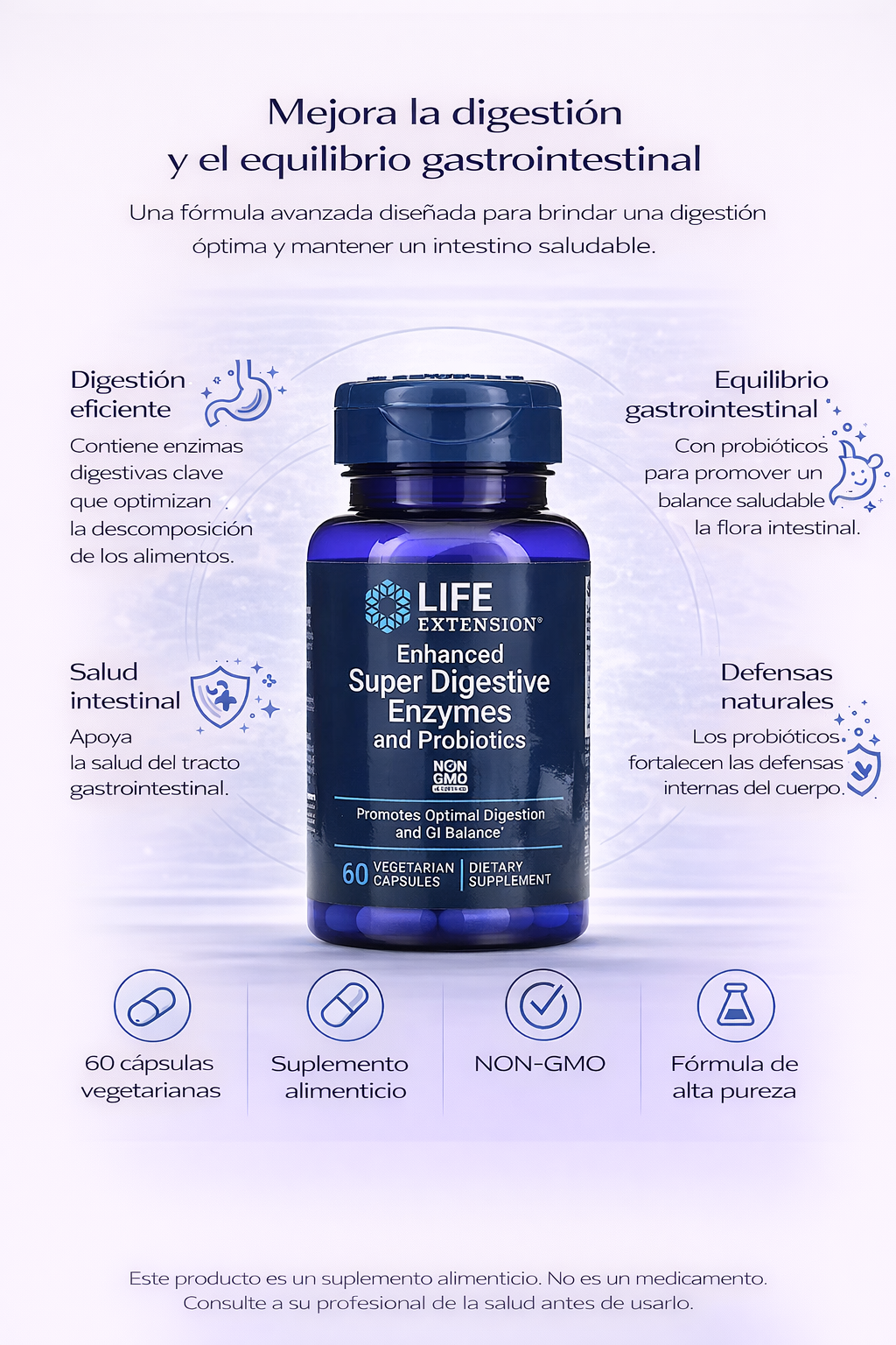 Enzimas súper digestivas mejoradas y probióticos (60 vcaps) / Enhanced Super Digestive Enzymes and Probiotics (60 vcaps)