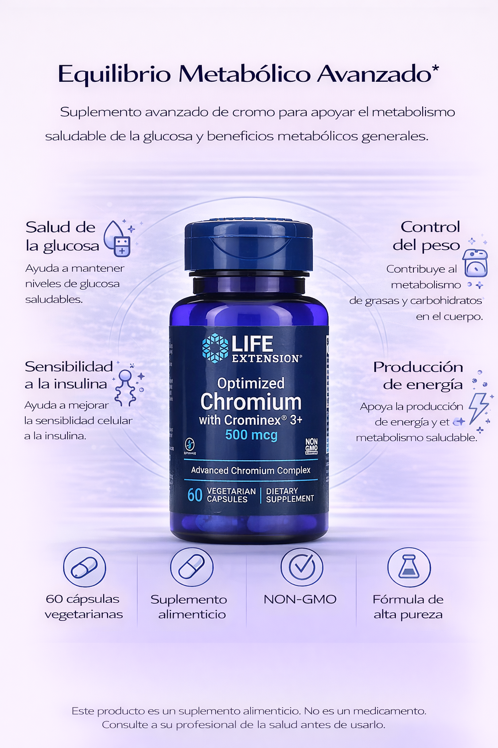 Cromo optimizado con Crominex® 3+ 500 mcg, 60 (vcaps) / Optimized Chromium with Crominex® 3  500 mcg, (60 vcaps)