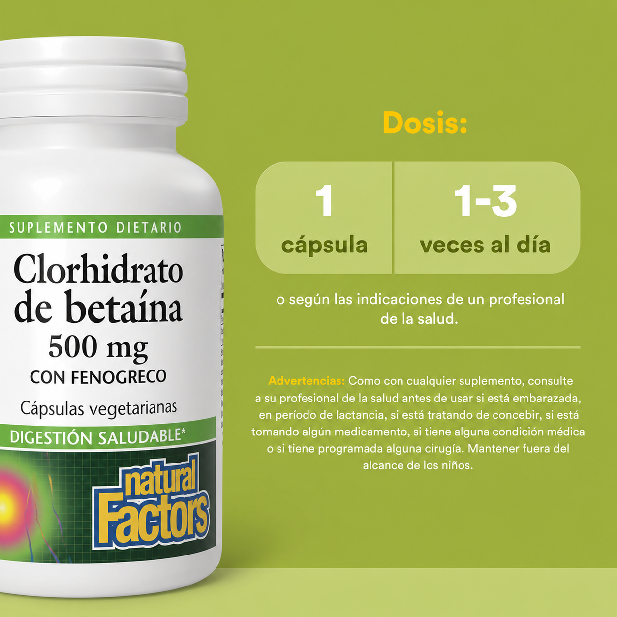 Betaína HCL 500 mg w/ 100 mg Alholva 90 vcap, Natural Factors