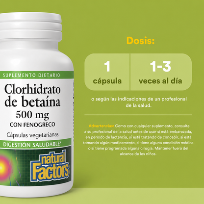 Betaína HCL 500 mg w/ 100 mg Alholva 90 vcap, Natural Factors