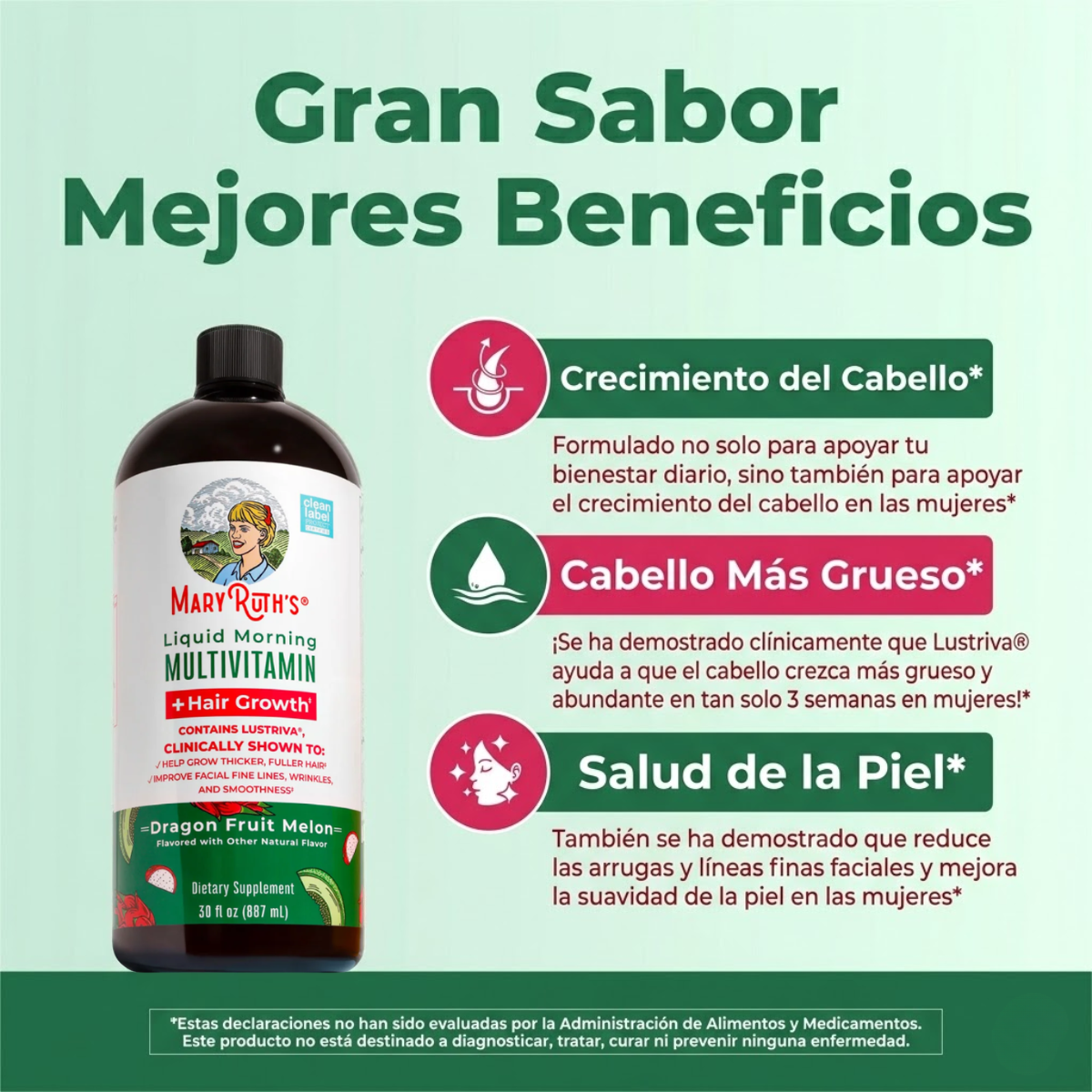 Multivitaminico Matutino + Crecimiento del Cabello Sabor Pitaya-Melon, Liquido (30 oz/ 887 ml), Mary Ruth´s