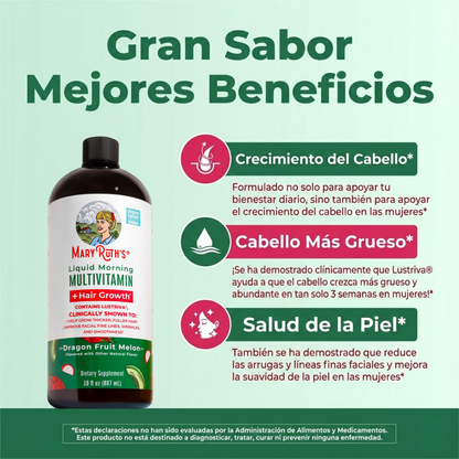 Multivitaminico Matutino + Crecimiento del Cabello Sabor Pitaya-Melon, Liquido (30 oz/ 887 ml), Mary Ruth´s