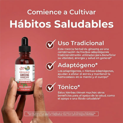 Mezcla de hierbas de vitalidad de ginseng orgánico en gotas (30 ml) / Organic Ginseng Vitality Herbal Blend Liquid Drops (1 oz)