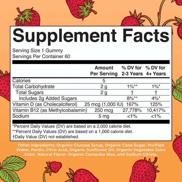 D3+B12 gomitas organicas (60 gomitas) / Vitamin D3+B12 Gummies, Strawberry, Org, 60 ct