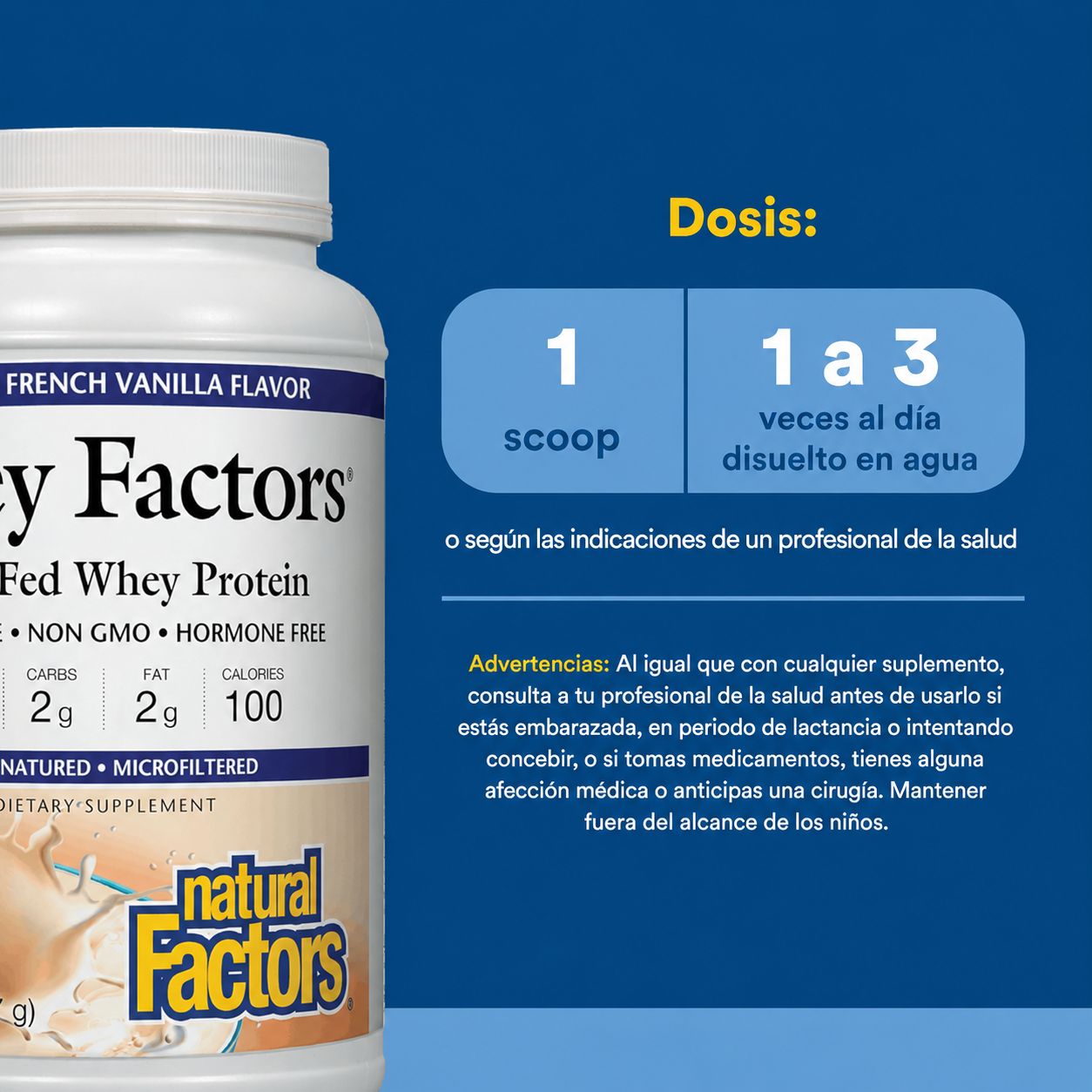 Whey Factors® Proteína en Polvo de Buey Alimentado con Pasto  – Vainilla Francesa 2 lb, Natural Factors