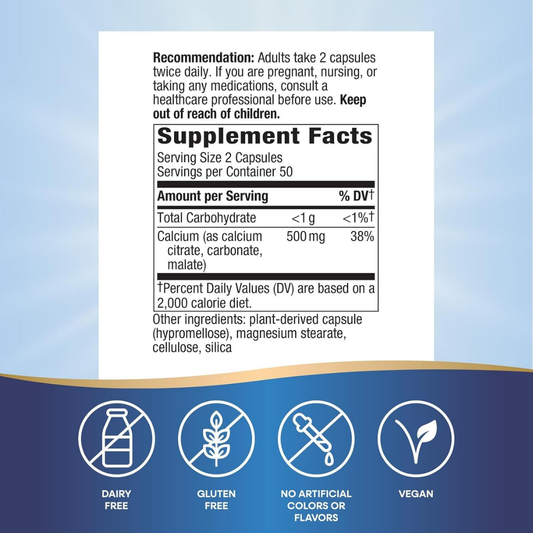 Citrato de Calcio - Carbonato & Malato - 500mg - 100 Cápsulas