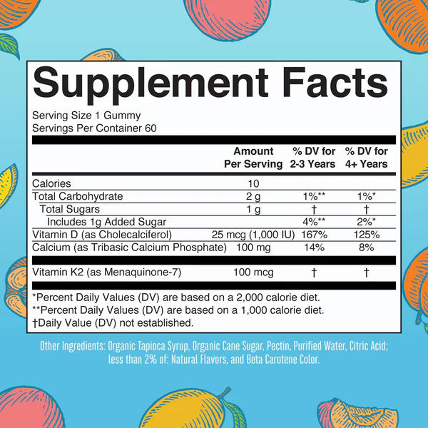 Calcio K2 + D3 en gomitas (60 gomitas) / Vitamin K2+D3 Calcium Gummies, Peach Mango & Apricot, 60 ct