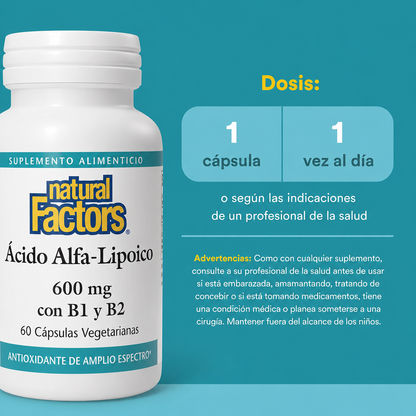 Ácido Alfa-Lipoico 600 mg con B1 & B2 60 vcap, Natural Factors