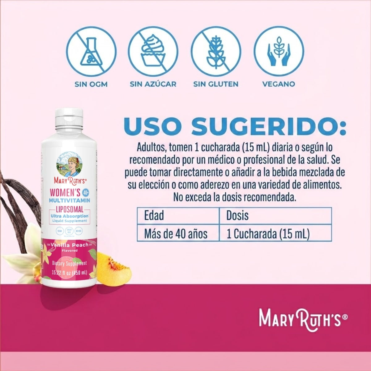 Multivitamínico Liposomal para Mujer 40+ , Vainilla Melocotón, (15.22 oz/450ml), Mary Ruth´s