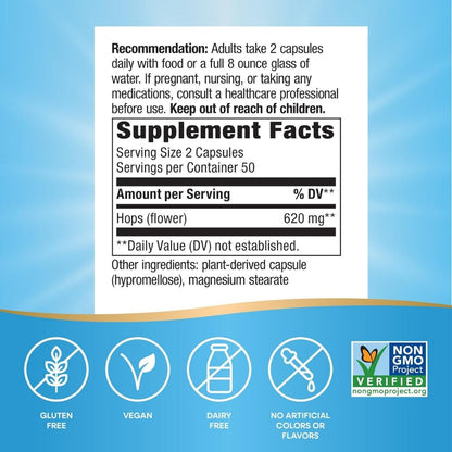 Lúpulo - Flores - 620mg - 100 Cápsulas Veganas
