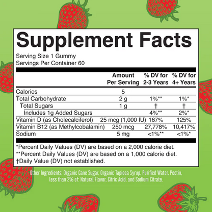 Gomitas D3 + B12 sin azúcar sabor frambuesa (60gomitas) / Sugar-Free D3 + B12 Gummies (Raspberry)