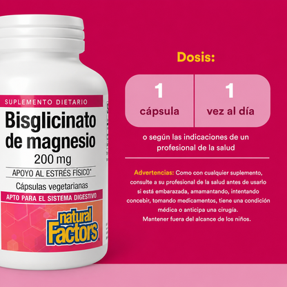Bisglicinato de Magnesio 200 mg 120 vcap, Natural Factors