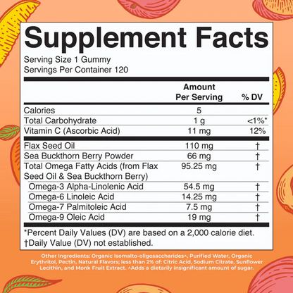 Omega 3-6-7-9 Gomitas 120 unidades / Omega 3-6-7-9 Gummies, Peach Mango & Apricot, 120 ct