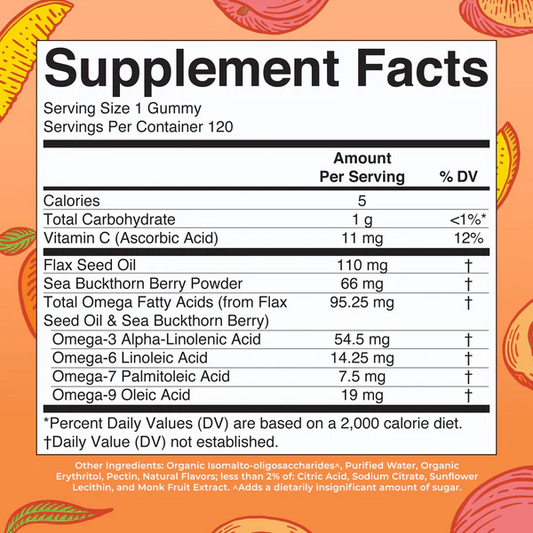 Omega 3-6-7-9 Gomitas 120 unidades / Omega 3-6-7-9 Gummies, Peach Mango & Apricot, 120 ct