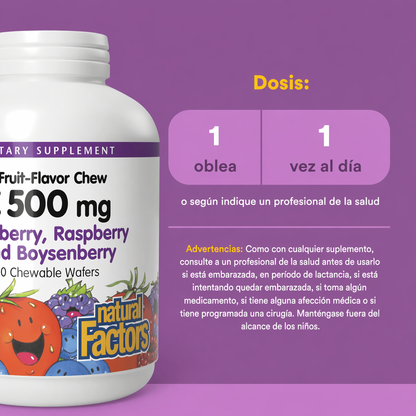 Vitamina C 500 mg Sabor a Fruta Masticable– Mora Azul, Frambuesas & Arándanos 90 tab, Natural Factors