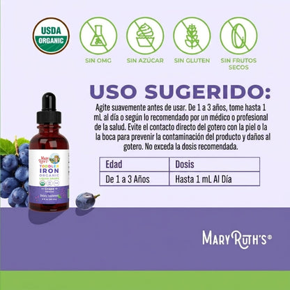 Gotas líquidas orgánicas de hierro para niños pequeños (60ml) / Toddler Iron Drops, Grape, Org, (2oz)