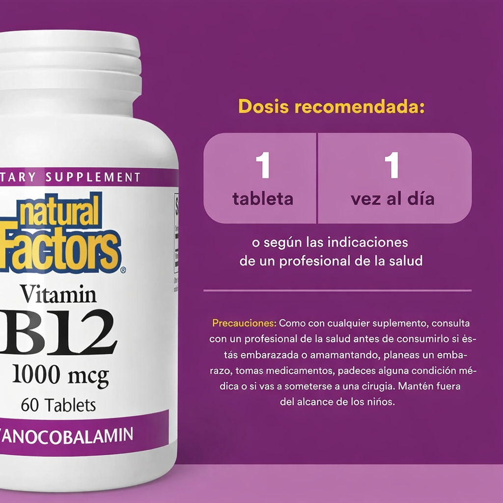 B12 Cianocobalamina 1,000 mcg 60 tab, Natural Factors