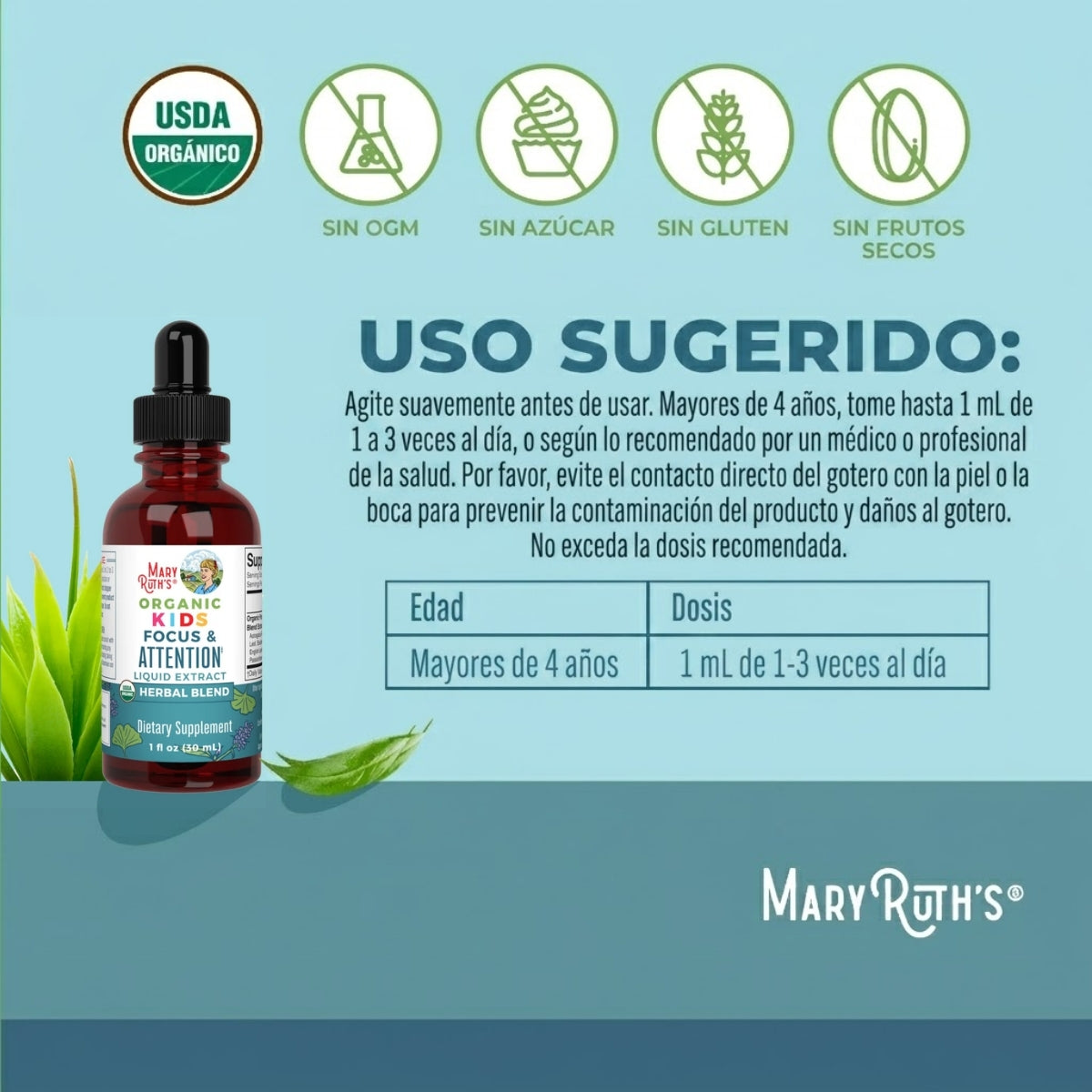 Gotas orgánicas para el Enfoque y la Atención de Niños (1 fl oz/30ml), Mary Ruth´s