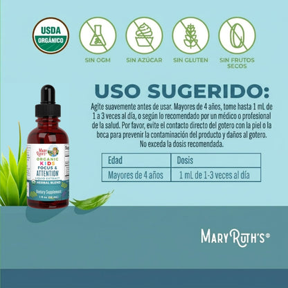 Gotas orgánicas para el Enfoque y la Atención de Niños (1 fl oz/30ml), Mary Ruth´s