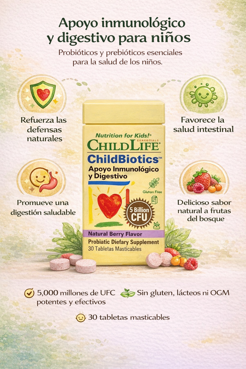 ChildBiotics Apoyo inmunológico y digestivo (30 tab masticables)/ ChildBiotics Immune & Digestive Support (30 Chewable Tablets)