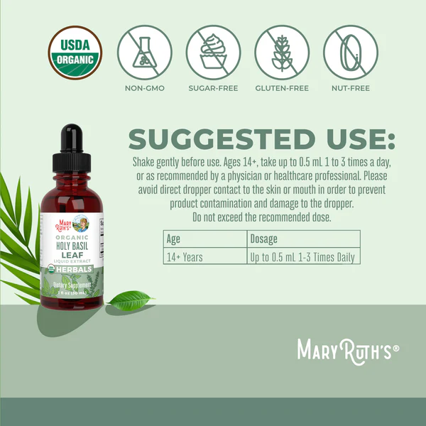 Gotas Líquidas de Hoja de Albahaca Sagrada Orgánica (30ml) / Holy Basil Leaf Drops, (1oz)