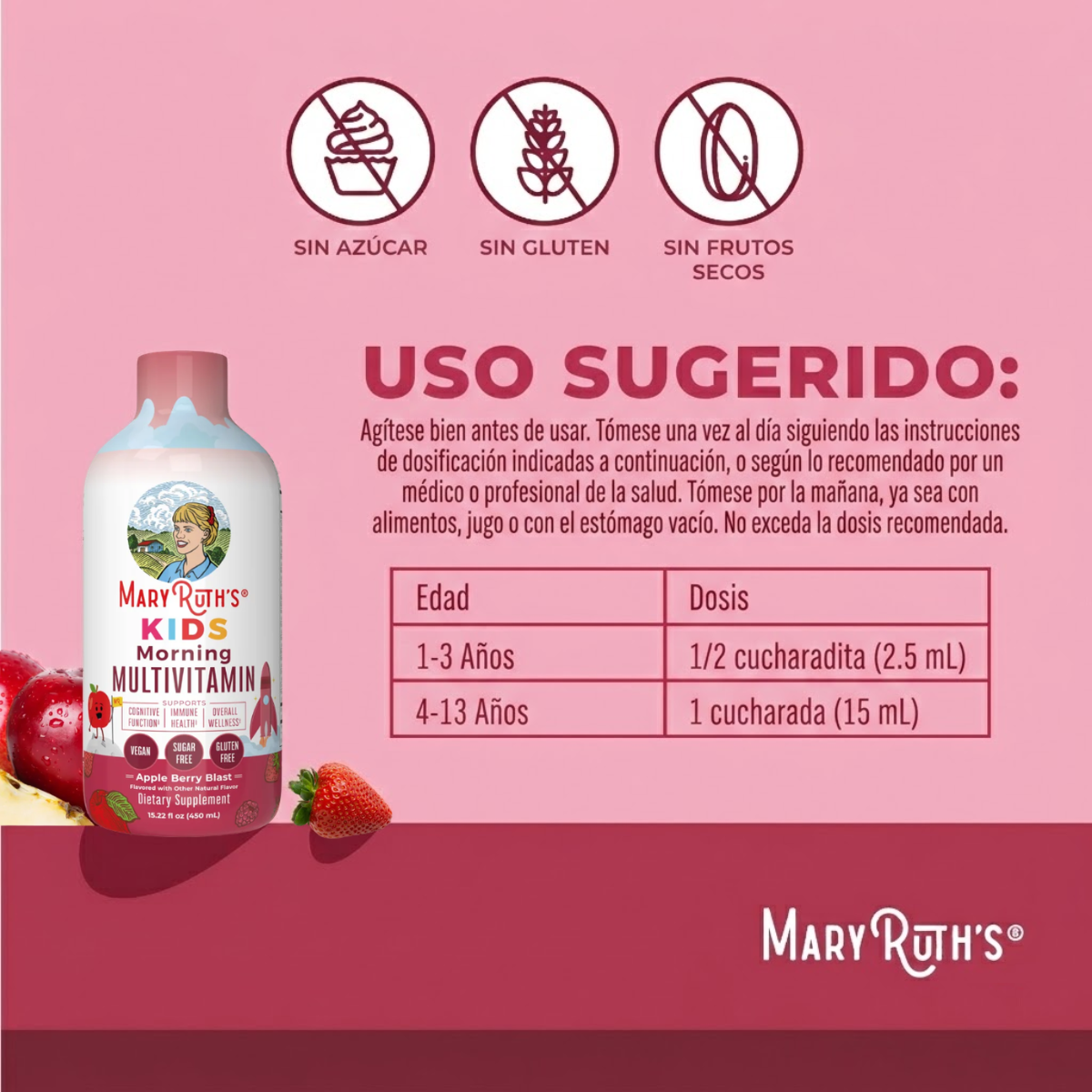 Multivitaminico Matutino para Niños  Liquido Sabor Manzana y Bayas (15.22 fl oz 450 ml), Mary Ruth's