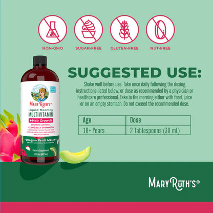 Multivitaminico Matutino + Crecimiento del Cabello Sabor Pitaya-Melon, Liquido (30 oz/ 887 ml), Mary Ruth´s