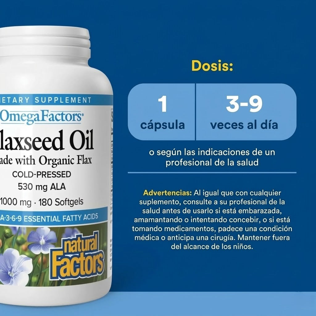 OmegaFactors® Aceite de linaza 1,000 mg Orgánico Certificado 90 sg, Natural Factors