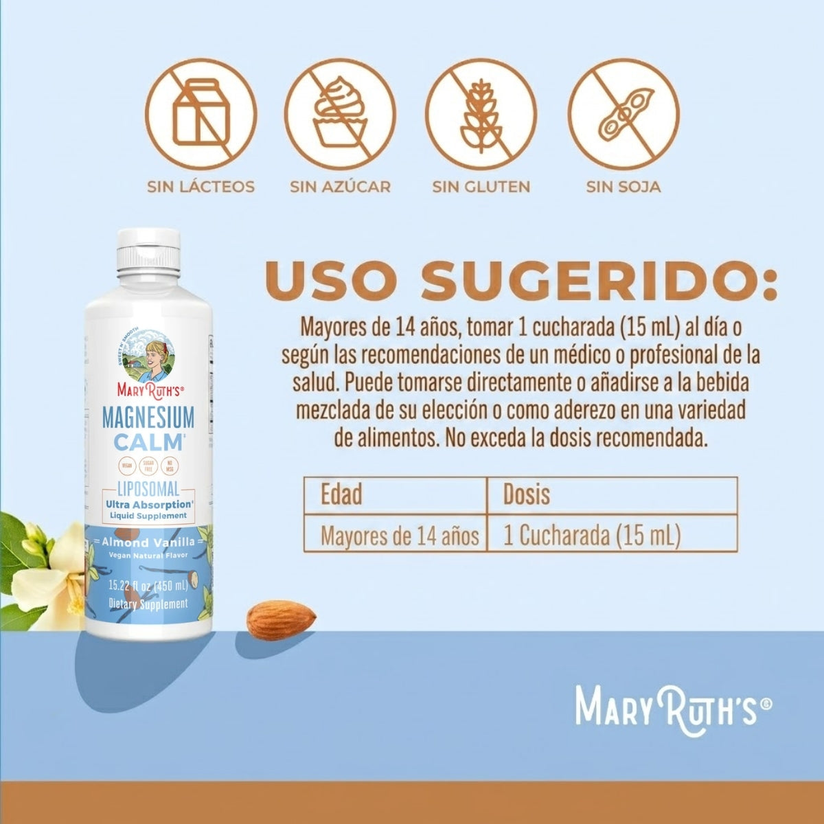 Magnesio Liposomal, Almendra y Vainilla, (15.22 fl oz/450ml), Mary Ruth´s