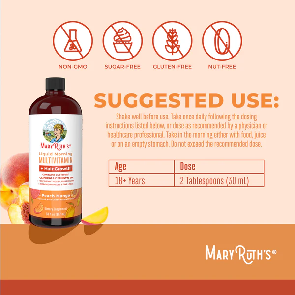 Morning Multivitamin +Hair Growth Liquid, Peach Mango, 15.22 fl oz, Mary Ruth´s