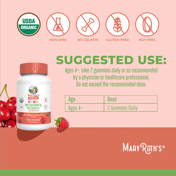 Multivitamínico orgánico para niños + Gomitas posbióticas/ Kids Multivitamin & Postbiotics Gummies, Mixed Berry & Cherry, Org, 60 ct