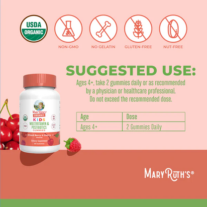 Multivitamínico orgánico para niños + Gomitas posbióticas/ Kids Multivitamin & Postbiotics Gummies, Mixed Berry & Cherry, Org, 60 ct